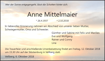 Traueranzeige von Anne Mittelmaler von Haller Tagblatt