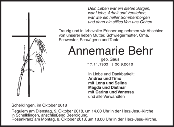 Traueranzeige von Annemarie Behr von Ehinger Tagblatt