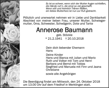 Traueranzeige von Annerose Baumann von SÜDWEST PRESSE Ausgabe Ulm/Neu-Ulm