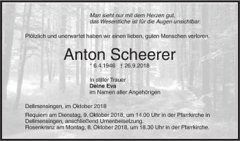 Traueranzeige von Anton Scheerer von SÜDWEST PRESSE Ausgabe Ulm/Neu-Ulm