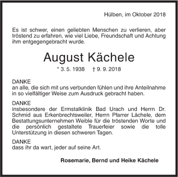 Traueranzeige von August Kächele von Metzinger-Uracher Volksblatt