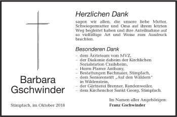 Traueranzeige von Barbara Gschwinder von Hohenloher Tagblatt