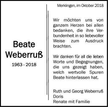 Traueranzeige von Beate Weberruß von SÜDWEST PRESSE Ausgabe Ulm/Neu-Ulm