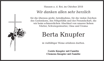 Traueranzeige von Berta Knupfer von Rundschau Gaildorf