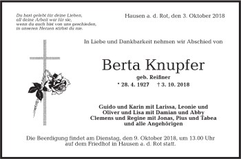 Traueranzeige von Berta Knupfer von Rundschau Gaildorf