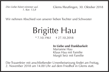 Traueranzeige von Brigitte Hau von Metzinger-Uracher Volksblatt