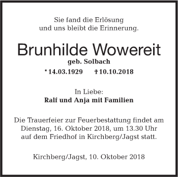 Traueranzeige von Brunhilde Wowereit von Hohenloher Tagblatt