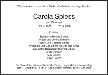 Traueranzeige von Carola Spiess von SÜDWEST PRESSE Ausgabe Ulm/Neu-Ulm