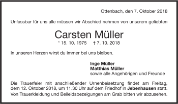 Traueranzeige von Carsten Müller von NWZ Neue Württembergische Zeitung