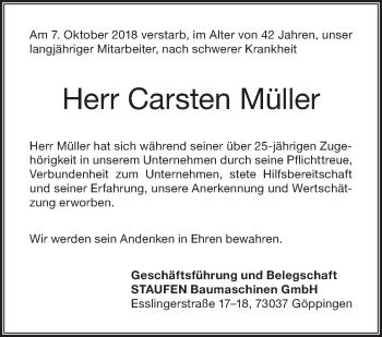 Traueranzeige von Carsten Müller von NWZ Neue Württembergische Zeitung