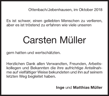 Traueranzeige von Carsten Müller von NWZ Neue Württembergische Zeitung