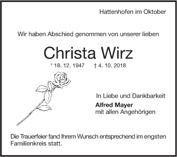 Traueranzeige von Christa Wirz von NWZ Neue Württembergische Zeitung