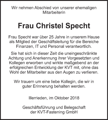 Traueranzeige von Christel Specht von SÜDWEST PRESSE Ausgabe Ulm/Neu-Ulm