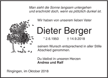 Traueranzeige von Dieter Berger von SÜDWEST PRESSE Ausgabe Ulm/Neu-Ulm