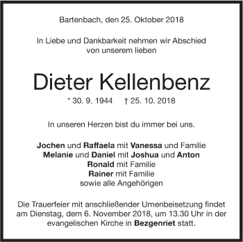 Traueranzeige von Dieter Kellenbenz von NWZ Neue Württembergische Zeitung