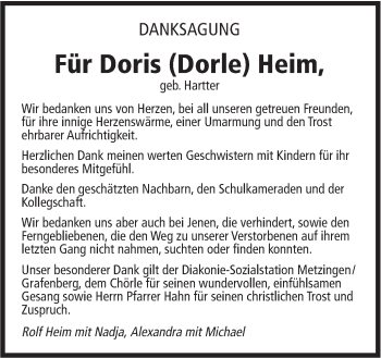 Traueranzeige von Doris Heim von Metzinger-Uracher Volksblatt