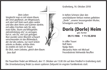 Traueranzeige von Doris Heim von Metzinger-Uracher Volksblatt