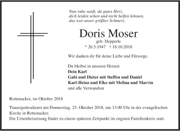 Traueranzeige von Doris Moser von Ehinger Tagblatt