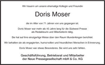 Traueranzeige von Doris Moser von Ehinger Tagblatt