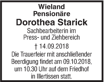 Traueranzeige von Dorothea Starick von SÜDWEST PRESSE Ausgabe Ulm/Neu-Ulm