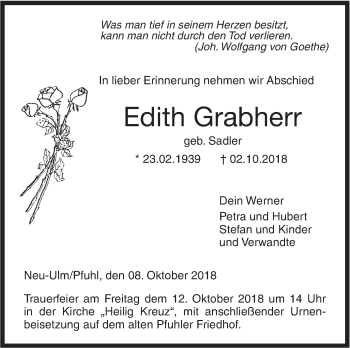 Traueranzeige von Edith Grabherr von SÜDWEST PRESSE Ausgabe Ulm/Neu-Ulm