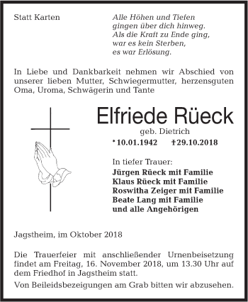 Traueranzeige von Elfriede Rüeck von Hohenloher Tagblatt