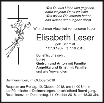 Traueranzeige von Elisabeth Leser von SÜDWEST PRESSE Ausgabe Ulm/Neu-Ulm