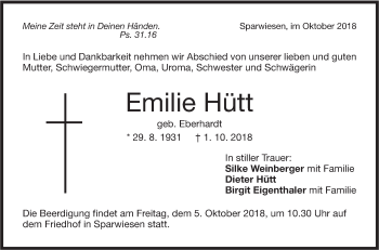 Traueranzeige von Emilie Hütt von NWZ Neue Württembergische Zeitung