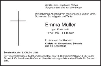 Traueranzeige von Emma Müller von SÜDWEST PRESSE Ausgabe Ulm/Neu-Ulm