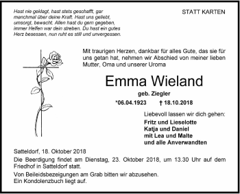 Traueranzeige von Emma Wieland von Hohenloher Tagblatt