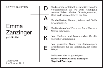 Traueranzeige von Emma Zanzinger von Hohenloher Tagblatt