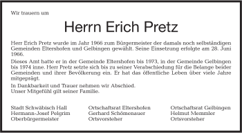 Traueranzeige von Erich Pretz von Haller Tagblatt