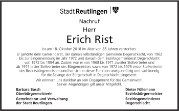 Traueranzeige von Erich Rist von Metzinger-Uracher Volksblatt