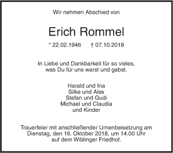 Traueranzeige von Erich Rommel von SÜDWEST PRESSE Ausgabe Ulm/Neu-Ulm