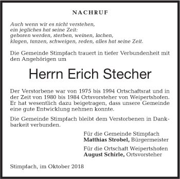 Traueranzeige von Erich Stecher von Hohenloher Tagblatt