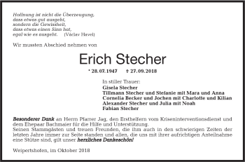 Traueranzeige von Erich Stecher von Hohenloher Tagblatt