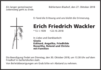 Traueranzeige von Erich Friedrich Wackler von Haller Tagblatt