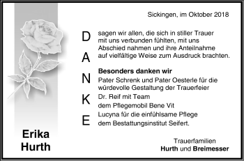 Traueranzeige von Erika Hurth von Hohenzollerische Zeitung