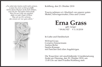 Traueranzeige von Erna Grass von Metzinger-Uracher Volksblatt