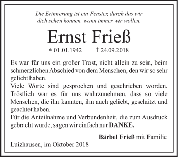 Traueranzeige von Ernst Frieß von SÜDWEST PRESSE Ausgabe Ulm/Neu-Ulm