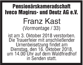 Traueranzeige von Franz Kast von SÜDWEST PRESSE Ausgabe Ulm/Neu-Ulm