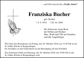 Traueranzeige von Franziska Bucher von Hohenzollerische Zeitung