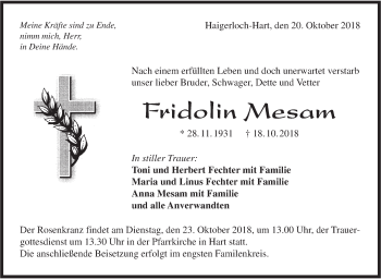 Traueranzeige von Fridolin Mesam von Hohenzollerische Zeitung