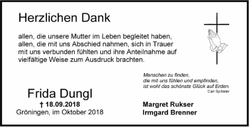 Traueranzeige von Frieda Dungl von Hohenloher Tagblatt