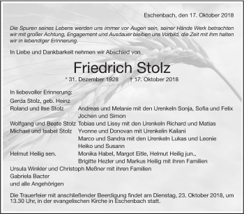 Traueranzeige von Friedrich Stolz von NWZ Neue Württembergische Zeitung