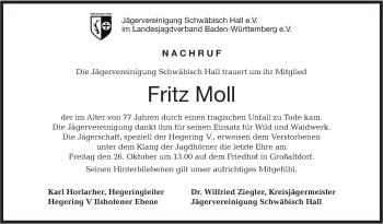 Traueranzeige von Fritz Moll von Haller Tagblatt