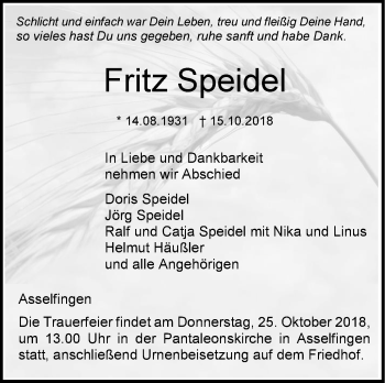 Traueranzeige von Fritz Speidel von SÜDWEST PRESSE Ausgabe Ulm/Neu-Ulm