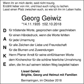 Traueranzeige von Georg Geiwiz von SÜDWEST PRESSE Ausgabe Ulm/Neu-Ulm