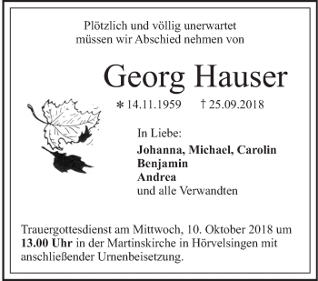 Traueranzeige von Georg Hauser von SÜDWEST PRESSE Ausgabe Ulm/Neu-Ulm