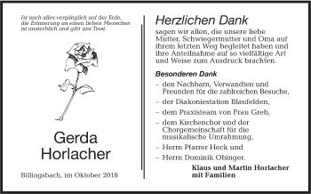 Traueranzeige von Gerda Horlacher von Hohenloher Tagblatt